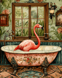 Pink Flamingo Standing in Bathtub