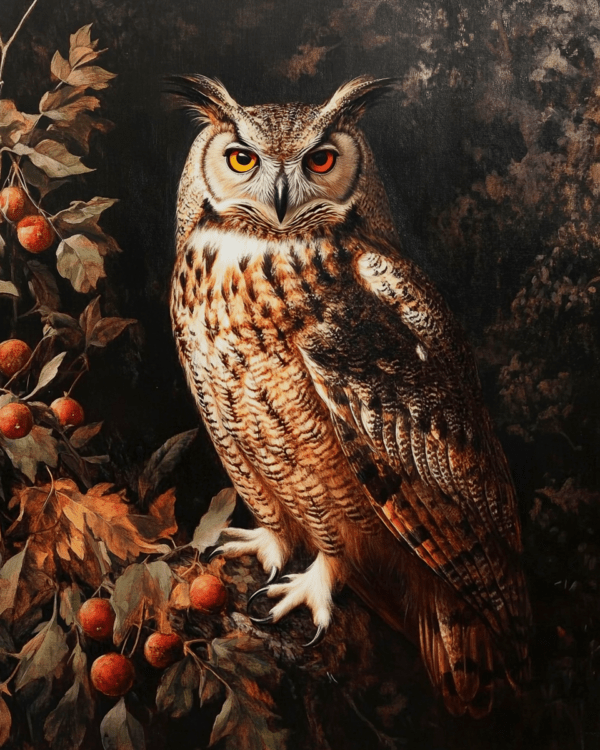 Vintage Great Horded Owl Painting