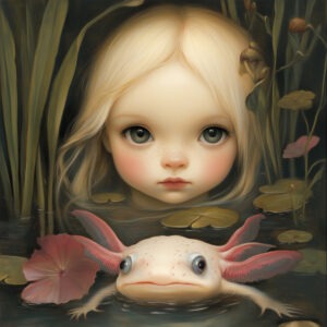 Wide eyed little girl in a meadow with her beloved Axolotl pet.