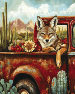 Coyote in Red Pick-Up Truck