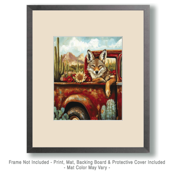 Coyote in Red Pick-Up Truck Art