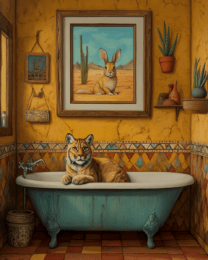 Mountain Lion in Bathtub Below Pic of Rabbit