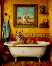 Bobcat in Bathtub Below Pic of Rabbit