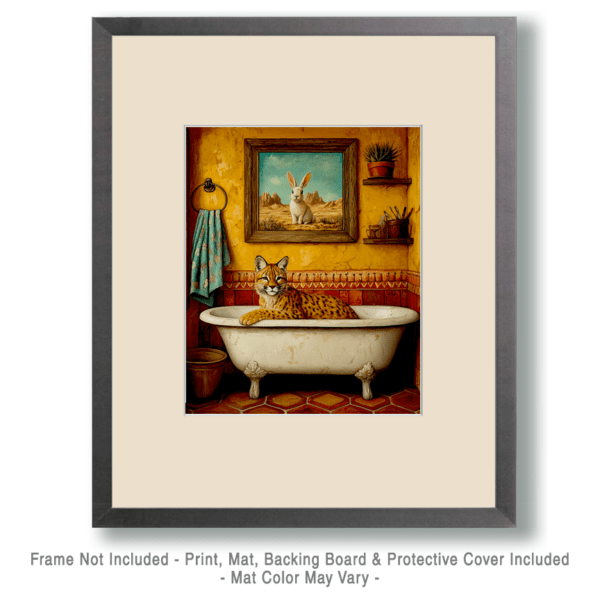 Bobcat in Bathtub Below Pic of Rabbit Art