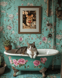 Cat in Bathtub with Framed Pic of Mouse