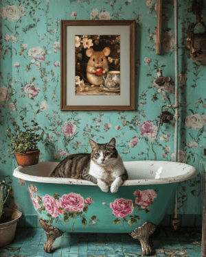 Cat in Bathtub with Framed Pic of Mouse