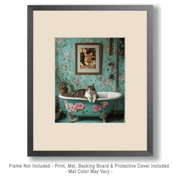 Cat in Bathtub with Framed Pic of Mouse Art