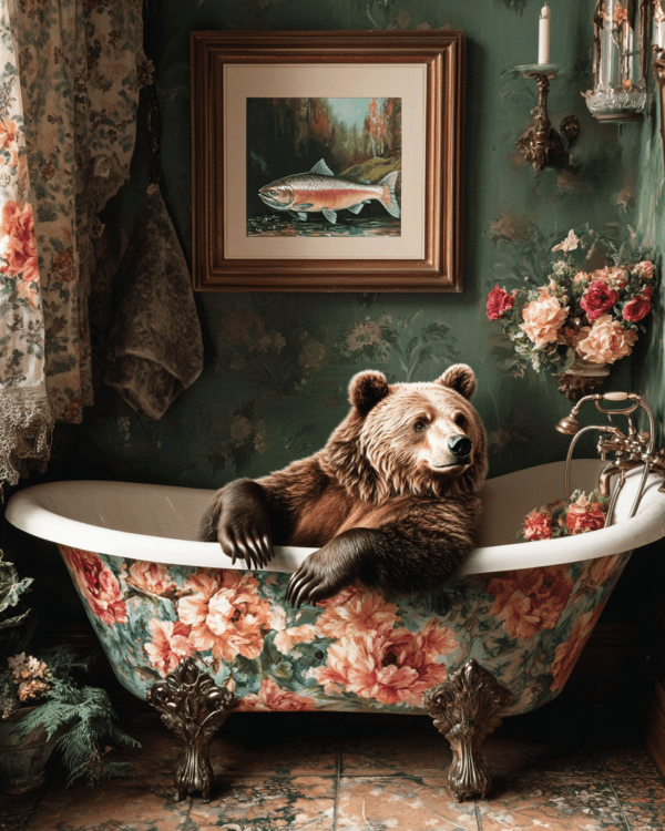 Bear in Bathtub with Framed Pic of Salmon