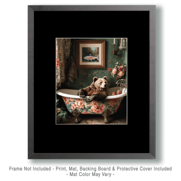 Bear in Bathtub with Framed Pic of Salmon Art