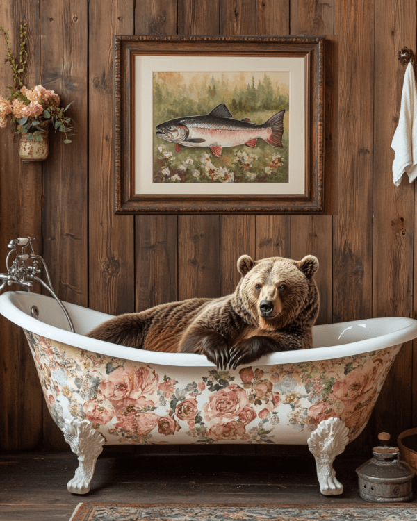 Grizzly Bear in Bathtub with Framed Pic of Salmon