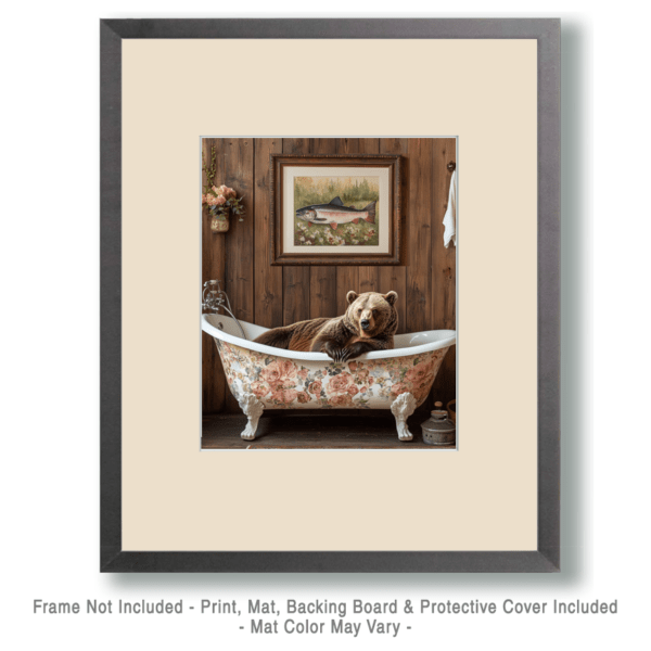 Grizzly Bear in Bathtub with Framed Pic of Salmon Art