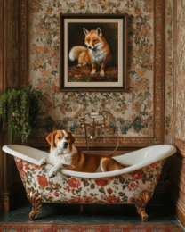 Foxhound in Bathtub with Framed Pic of a Fox