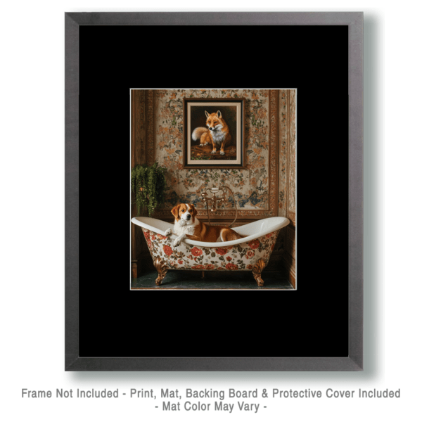 Foxhound in Bathtub with Framed Pic of a fox Art