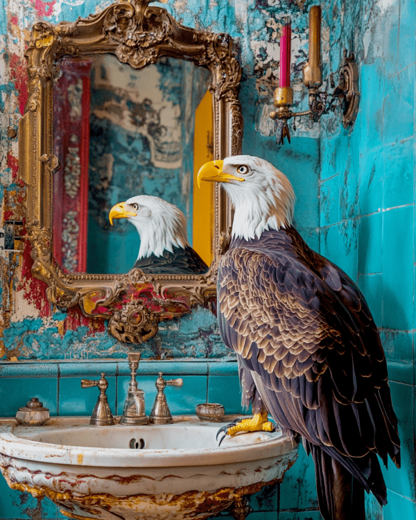 American Bald Eagle Looking in Mirror