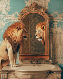 African Lion Looking in Mirror