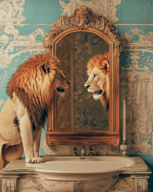 African Lion Looking in Mirror