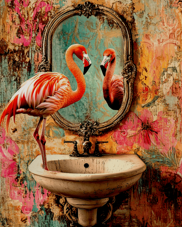 Flamingo Looking in Mirror