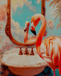 Pink Flamingo Looking in Mirror