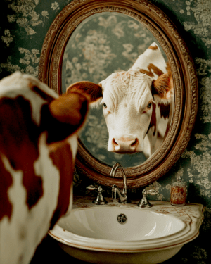 Cow Looking in Mirror