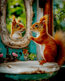 Red Squirrel Looking in Mirror