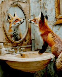 Red Fox Looking in Mirror