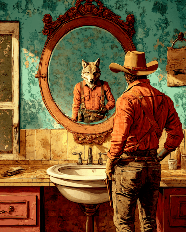 Cowboy Sees Wolf in Mirror