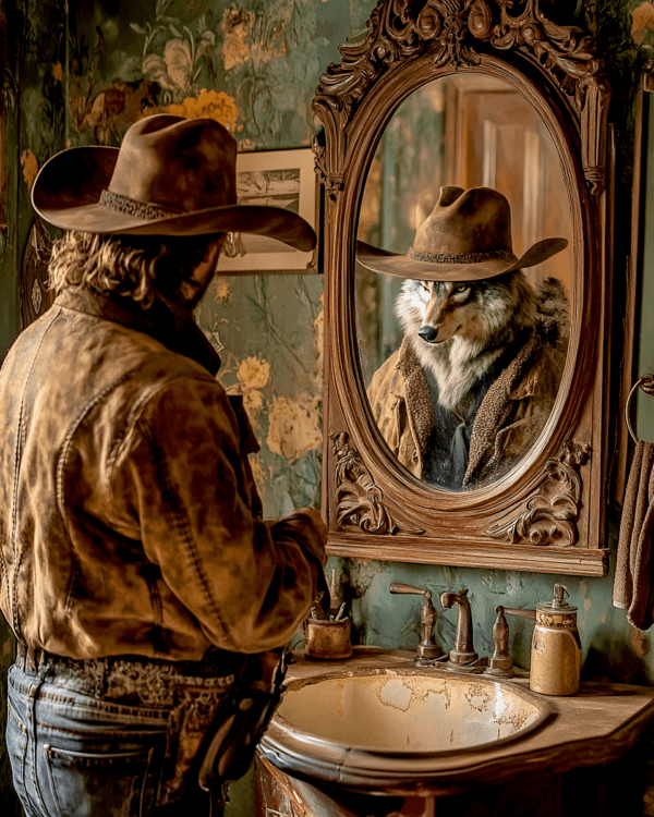 Wolf Reflection in Cowboy's Mirror