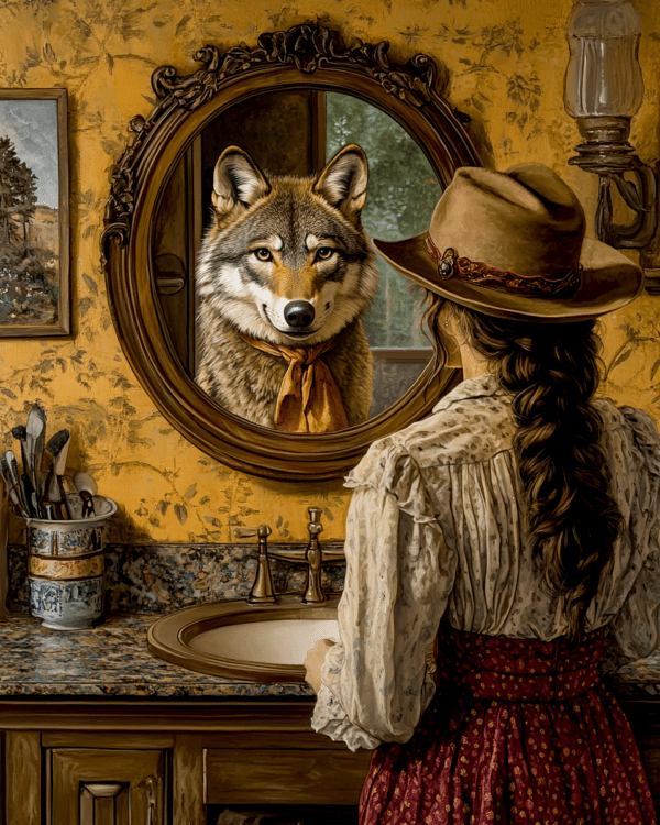 Wolf Reflection in Cowgirl's Mirror