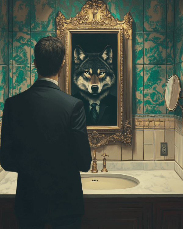 Wolf Reflection in Businessman's Mirror