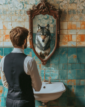 Wolf Reflection in Man's Mirror