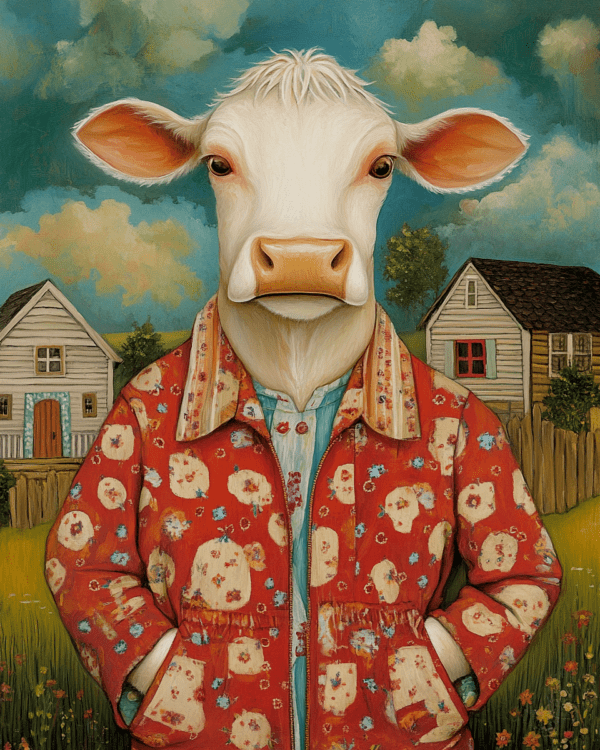 Folk Art Style Cow in Pajamas