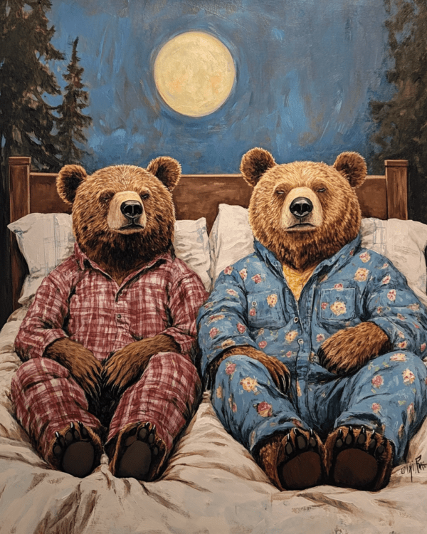 Two Bears in Pajamas in Bed