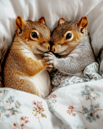 A Pair of Squirrels Kits in Bed