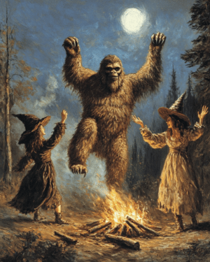 Bigfoot Whooping It Up with Two Witches