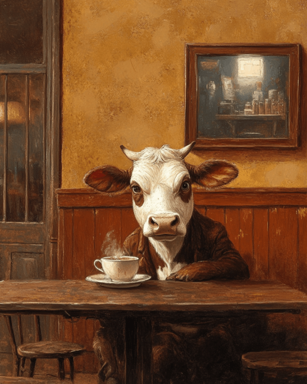 Cow Enjoying a Cup of Joe