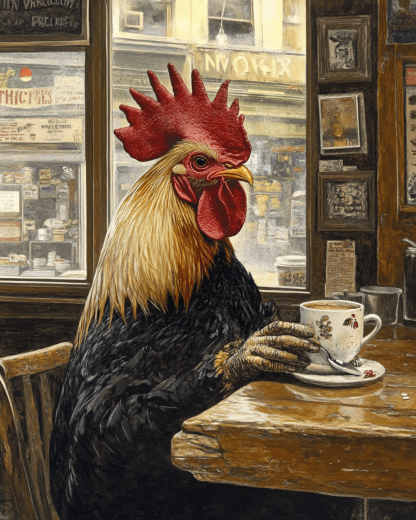 Rooster Enjoying a Cup of Joe