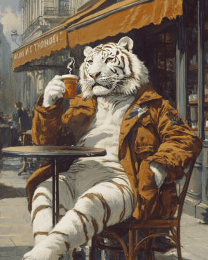 White Tiger Relaxing with a Cup of Joe