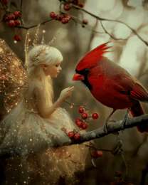 Fairy Talking to a Cardinal (Bird)