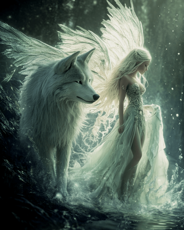 White Fairy with Her White Wolf