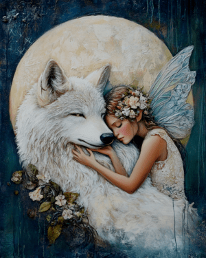 Full Moon White Fairy and White Wolf