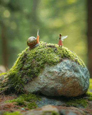 Fairy and Snail Arguing on a Moss Rock