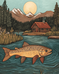 Folk Art Trout and Cabin