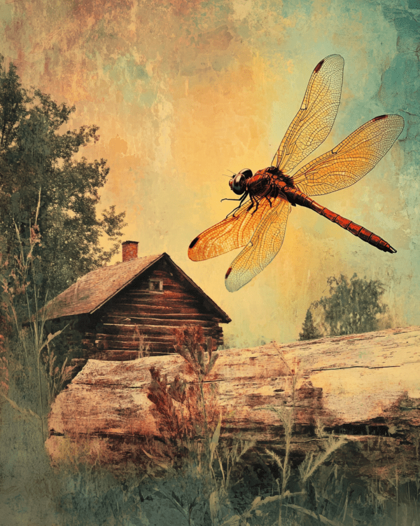 Vintage Dragonfly and Cabin