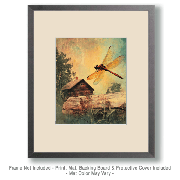 Vintage Dragonfly and Cabin Art