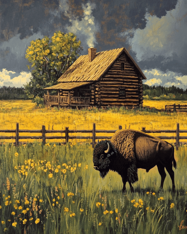 Bison Grazing by Homestead