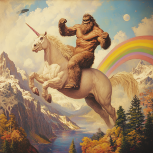 Bigfoot Riding a Unicorn Under a Rainbow under an Alien Spaceship