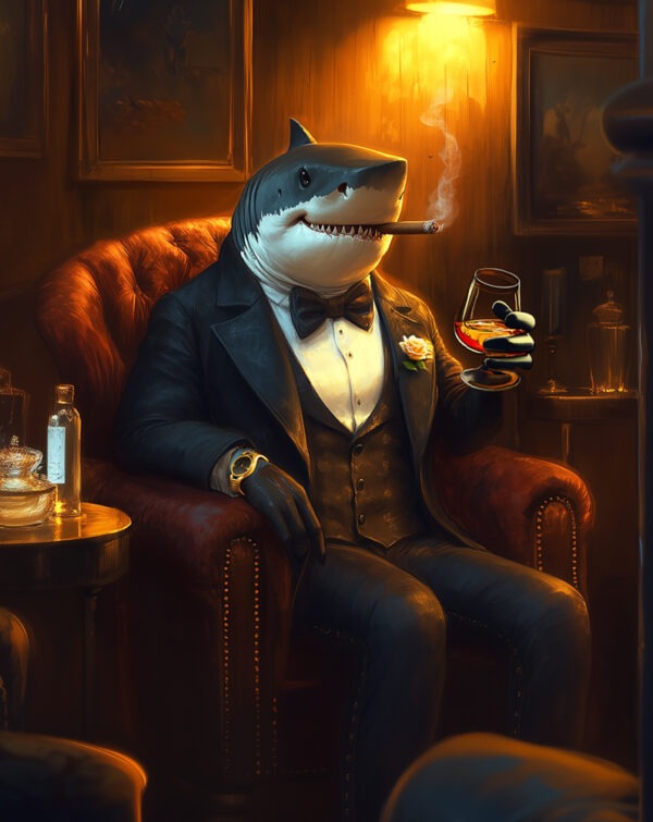 A shark in a tuxedo looking dapper, holding a drink