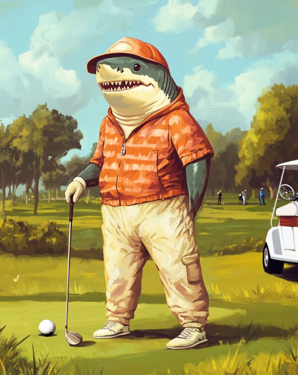 Shark dressed for golf, posing on a golf course with his club and golf cart.