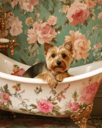 Yorkshire Terrier in Floral Bathtub