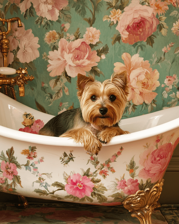 Yorkshire Terrier in Floral Bathtub